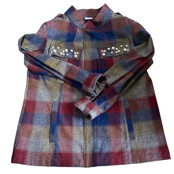 cabi plaid jacket Pearl collage size M medium maroon blue zipper mock neck - Picture 9 of 15